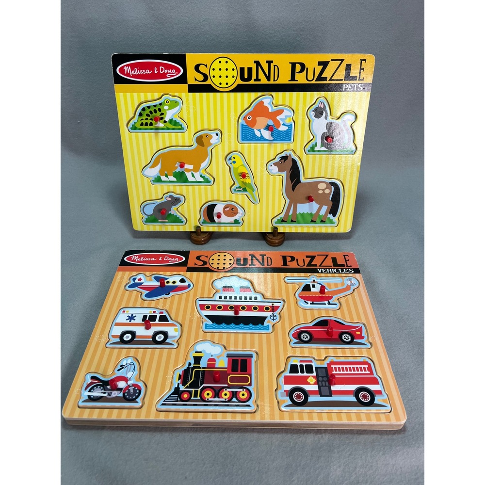Melissa & Doug Sound Puzzles 2 Pack Wooden Pegs Pets and Vehicles 2+ Learning